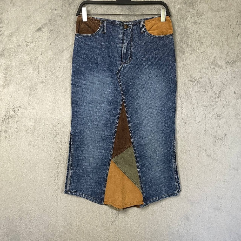 Vintage Mudd Y2K Denim Patchwork Midi Skirt 14 Front Slit Boho